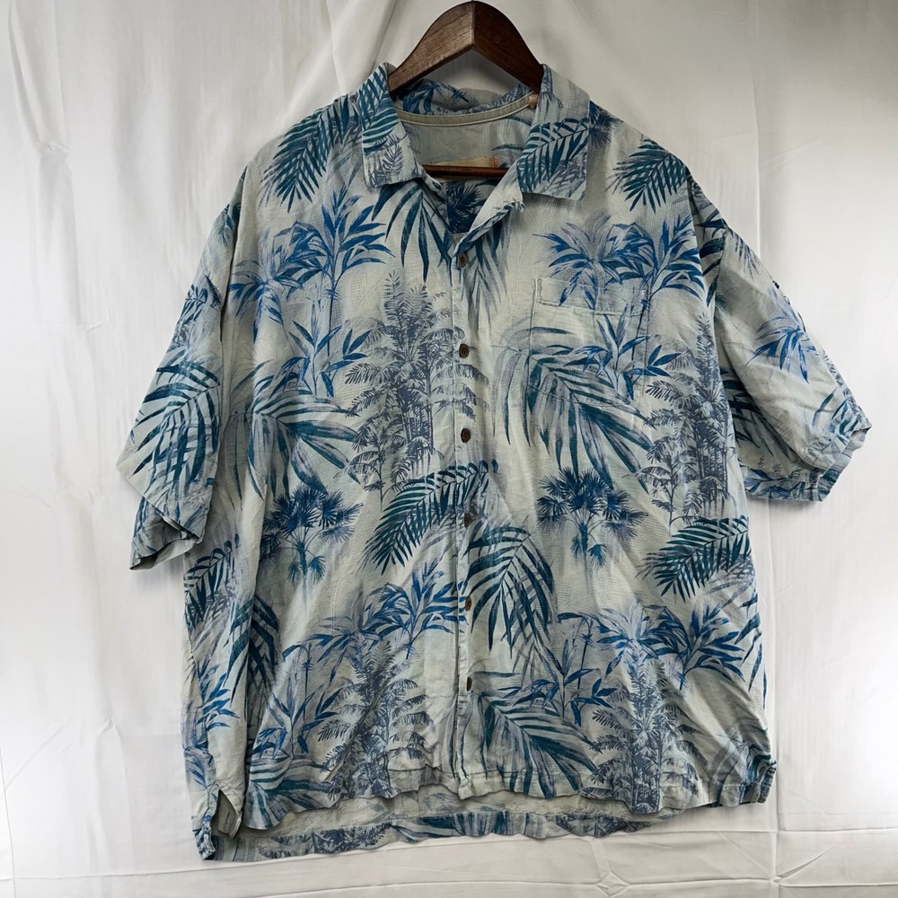 Tommy Bahama Button Up Mens XXL Blue Tropical Palm Silk Camp Shirt